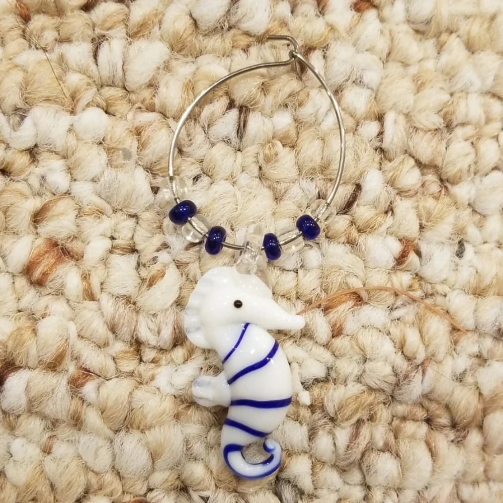 HANDMADE Blue with White Wine Glass Charm Rings